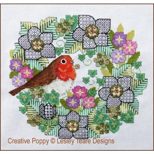 Lesley Teare - Blackwork Flowers With Robin
