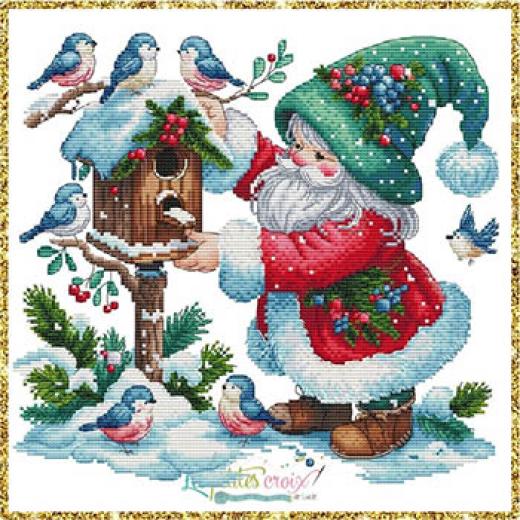 Christmas Father And Birds - Les Petites Croix De Lucie (Stickvorlage)