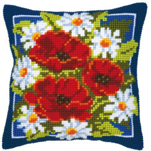 Vervaco Verachtert - Kreuzstichkissen Mohnblumen & Margeriten