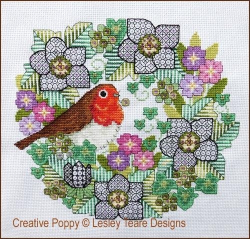 Stickvorlage Lesley Teare - Blackwork Flowers With Robin