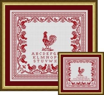 Stickvorlage Happiness Is Heartmade - Antique Red Rooster Sampler 