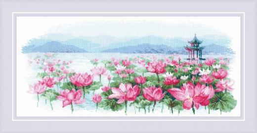 Riolis - Stickbild Lotus Field Pagoda on the Water