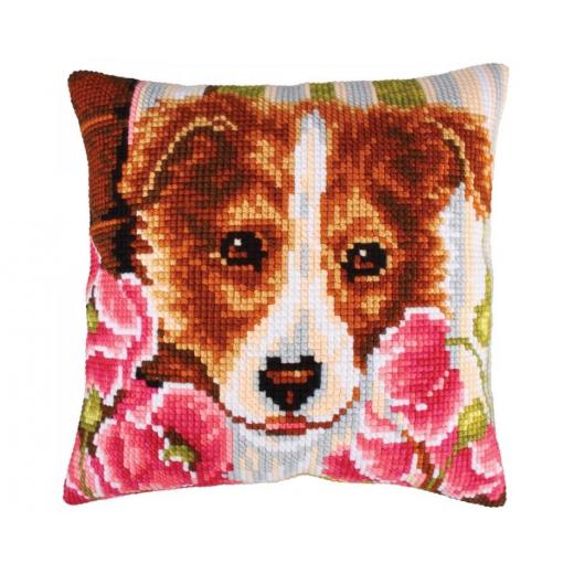 Dog and Pink Poppies - Kreuzstichkissen Collection dArt