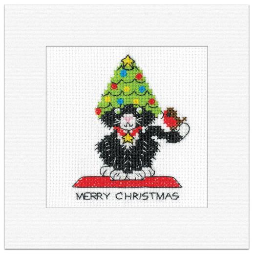 Black Cat Card - Christmas Tree Hat - Heritage Crafts (Stickpackung)