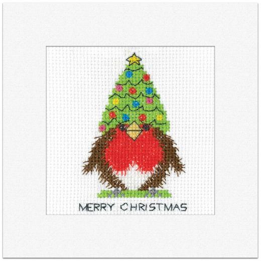 Robin Card - Christmas Tree Hat - Heritage Crafts (Stickpackung)