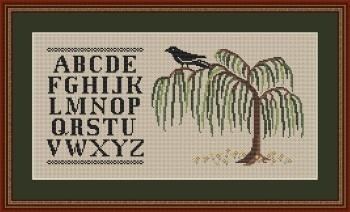 Stickvorlage Happiness Is Heartmade - Crow On A Willow Tree Alphabet Sampler