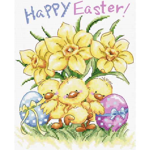 Leti Stitch - Three Chicks with Daffodils and Egg