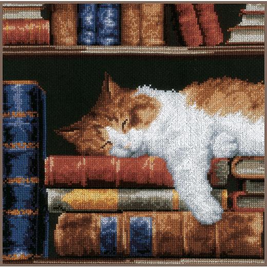Vervaco Verachtert - Stickbild Katze im Bücherregal