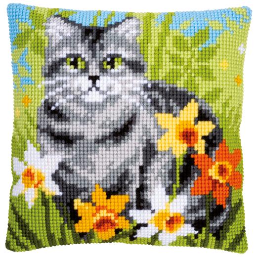 Vervaco Verachtert - Kreuzstichkissen Katze in den Blumen