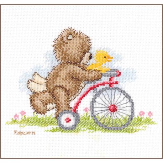 Vervaco Verachtert - Stickbild Popcorn Bär auf dem Fahrrad