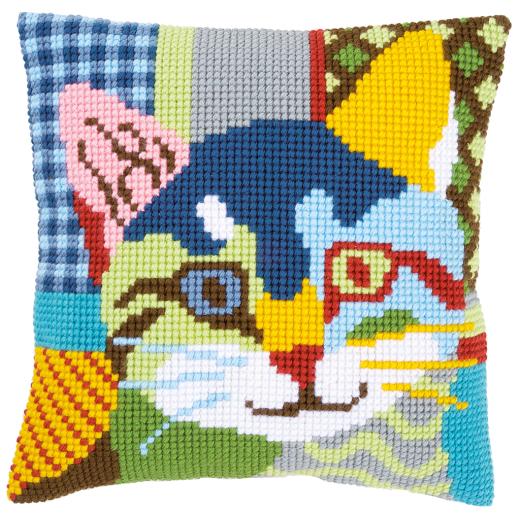 Vervaco Verachtert - Kreuzstichkissen Katze in Patchwork