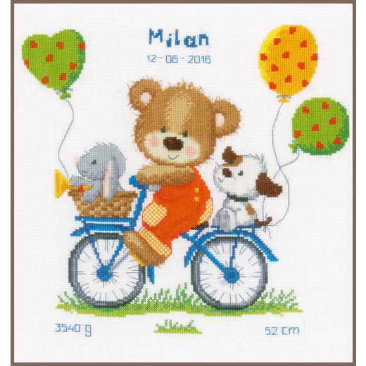 Geburtsbild Bär auf dem Fahrrad (Stickpackung) - Vervaco Verachtert