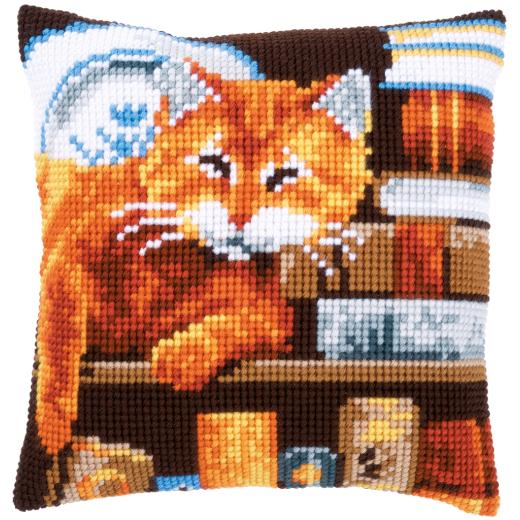 Katze im Bücherregal - Kreuzstichkissen Vervaco Verachtert (Stickkissen)