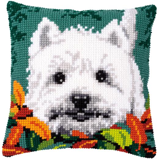 Vervaco Verachtert - Kreuzstichkissen Westie zwischen Blättern