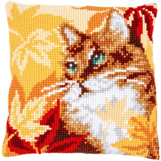 Vervaco Verachtert - Kreuzstichkissen Katze mit Herbstblättern