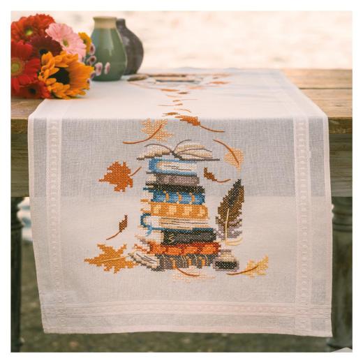 Läufer Bücher & Herbstblätter bedruckt - Vervaco Verachtert (Stickpackung)