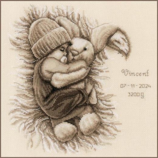 Vervaco Stickpackung - Geburtsbild Baby mit Kuscheltier