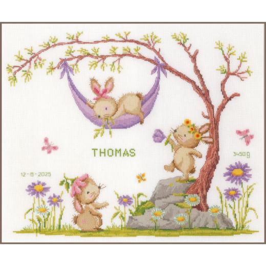 Geburtsbild Hasen im Garten - Vervaco Verachtert (Stickpackung)