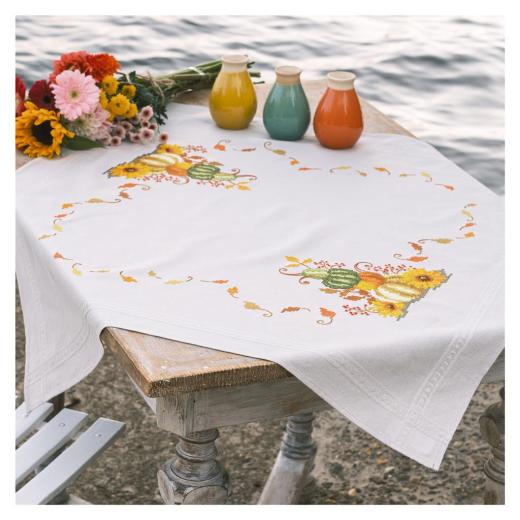 Tischdecke Kürbisse mit Blättern bedruckt - Vervaco Verachtert (Stickpackung)