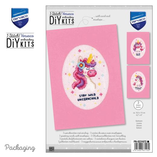 Stickpackung Vervaco - Grußkarten Einhorn 3er-Set