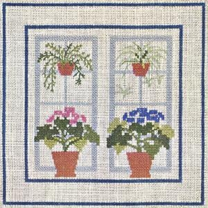 Fremme Stickpackung - Fenster mit Cinerarien 15x15 cm