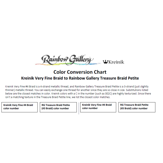 Umrechnungstabelle Kreinik zu Rainbow Gallery Petite Treasure Braid - pdf-download