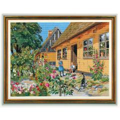 Stickpackung Eva Rosenstand - Cottage mit Stockrosen 75x55 cm