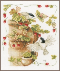 Lanarte Stickbild Vögel & Erdbeeren 30x33 cm