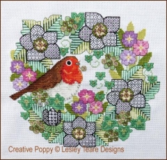 Stickvorlage Lesley Teare - Blackwork Flowers With Robin