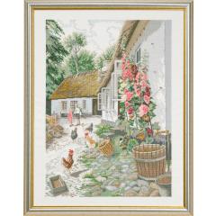 Eva Rosenstand Stickpackung - Cottage mit Stockrosen 49x64 cm