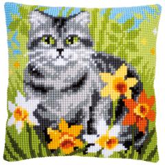 Vervaco Verachtert - Kreuzstichkissen Katze in den Blumen