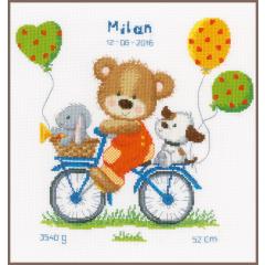 Vervaco Stickpackung - Geburtsbild Bär auf dem Fahrrad