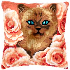 Vervaco Verachtert - Kreuzstichkissen Katze in den Rosen
