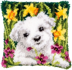 Knüpfkissen Vervaco – Westie mit Osterglocken 40x40 cm