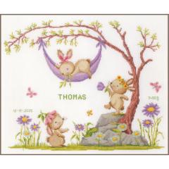 Geburtsbild Hasen im Garten - Vervaco Verachtert (Stickpackung)