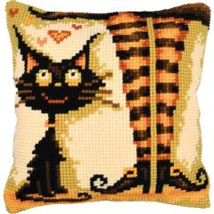 Halloweenkatze mit Hexe - Kreuzstichkissen Vervaco Verachtert (Stickkissen)
